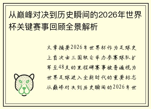 从巅峰对决到历史瞬间的2026年世界杯关键赛事回顾全景解析